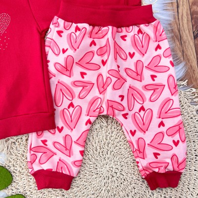 Conj. Jaqueta com Capuz e Calça de Moletom com Corações - Vermelho 